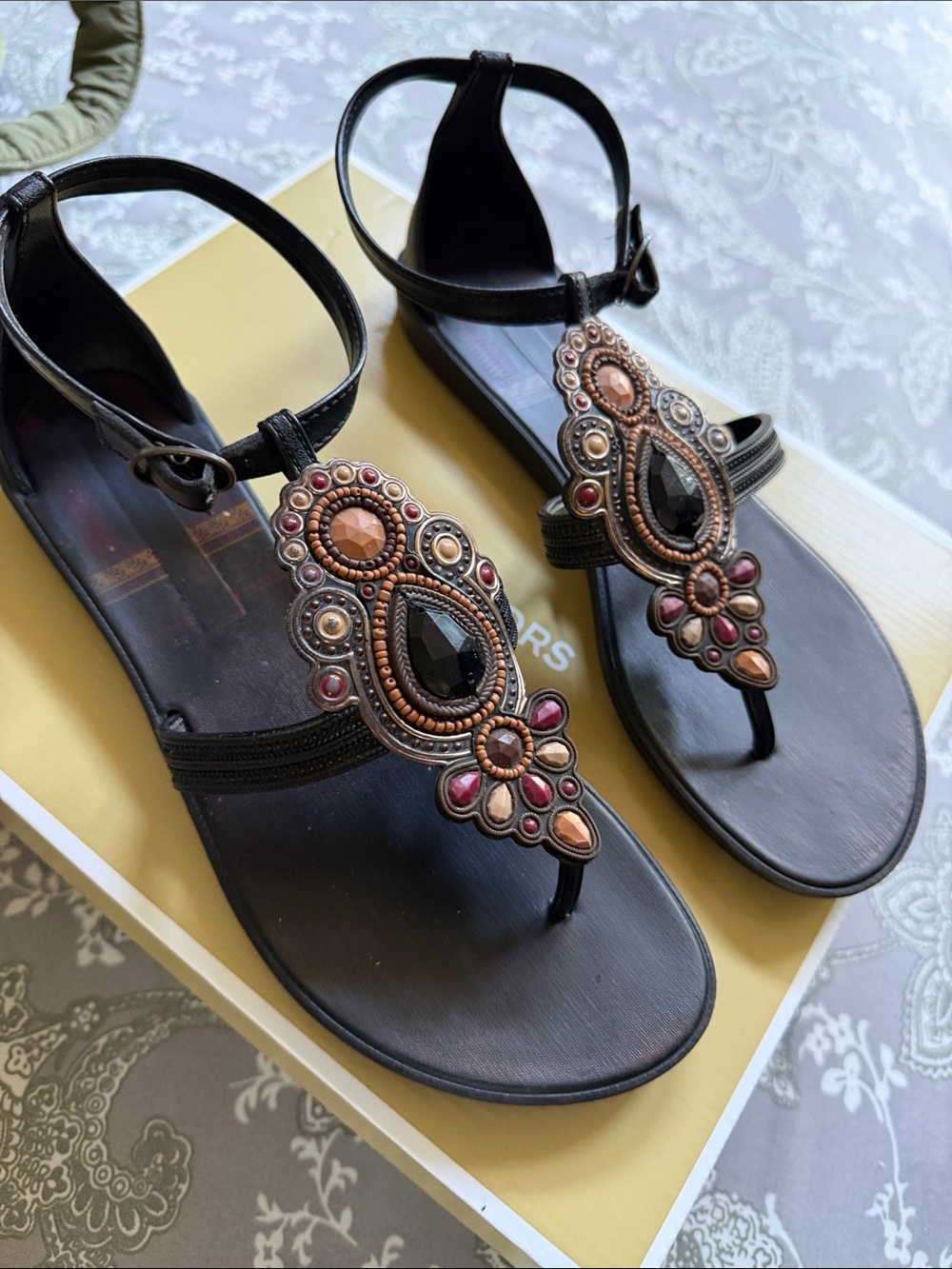 Black Embellished T-Strap Sandals - Designer Style